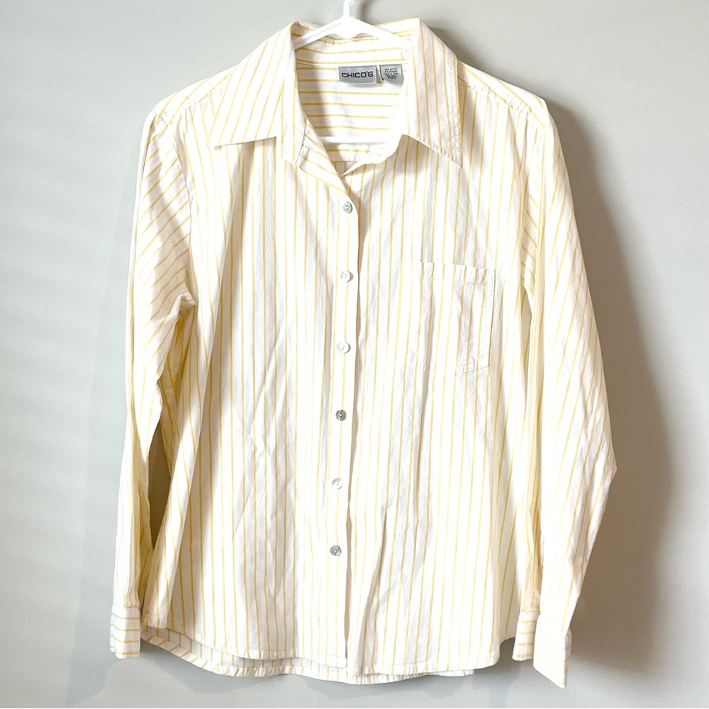 Chicos Women Yellow White Striped Long Sleeve Shirt Top Button Up Size 2 L/12